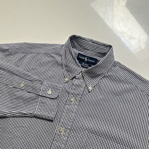Ralph Lauren Yarmouth Size 15.5x33 L Blue Plaid Pony Long Sleeve Button Down